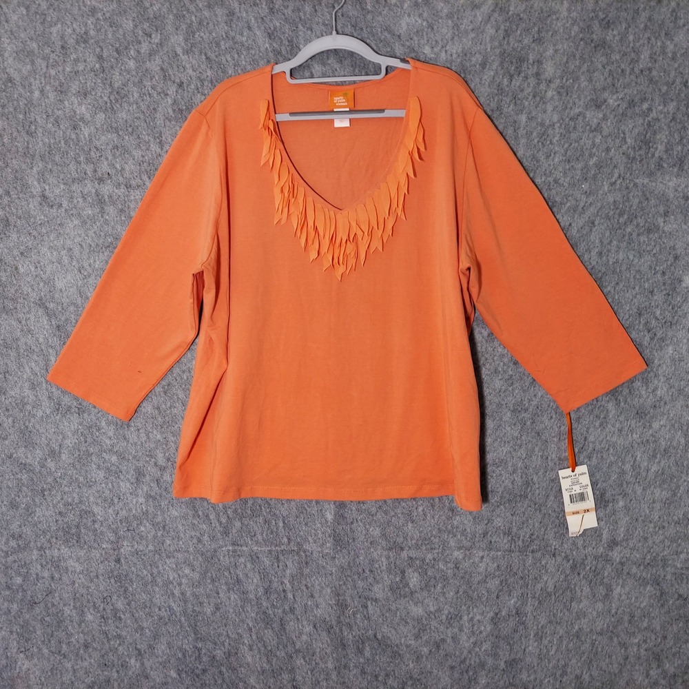 Hearts Of Palm Shirt Plus 2X Orange Fringe‎ Neck Stretch Western Boho Festival